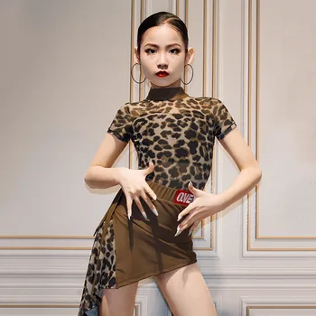 NY10 2258 + 2259 Леопардовые топы, юбка в стиле пэчворк, детское платье для латиноамериканских танцев для девочек, костюм для соревнований по бальным танцам 2