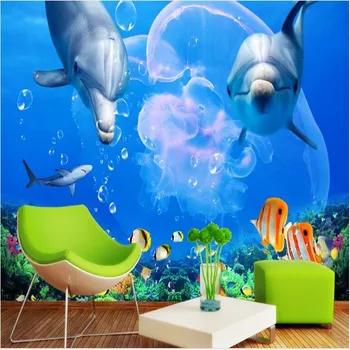 wellyu Изготовленная на заказ большая фреска дельфин большая белая акула подводный мир ТВ фон обои papel de parede para quarto 1