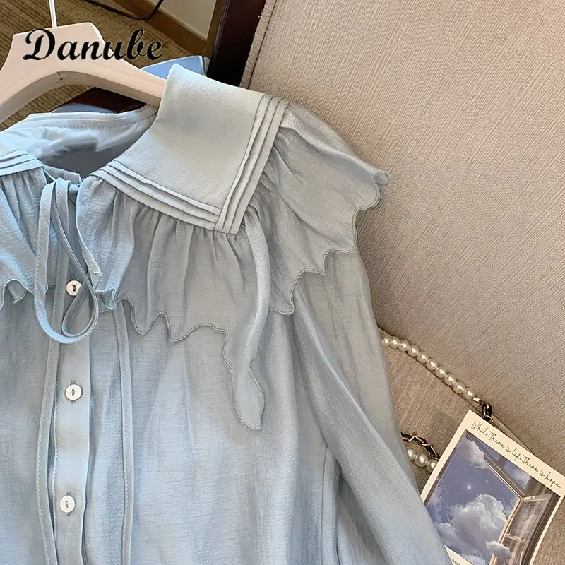 Винтажная элегантная блузка с оборками на шнуровке, женская весенняя Корейская милая рубашка с воротником 