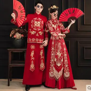 Вышивка Дракона Феникса Китайский Традиционный свадебный костюм пары Чонсам Элегантная Невеста Винтажное платье Ципао Великолепная одежда 1