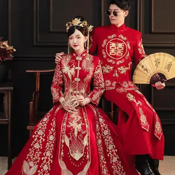 Вышивка Дракона Феникса Китайский Традиционный свадебный костюм пары Чонсам Элегантная Невеста Винтажное платье Ципао Великолепная одежда 2
