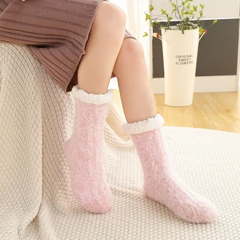 Зимние Теплые утепленные плюшевые флисовые носки для пола, Женские домашние носки, ковры для спальни, Нескользящие носки средней длины, однотонные пушистые носки 1