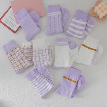 Новые Фиолетовые хлопчатобумажные носки Taro в стиле Mori Girl Tide Summer в Японскую Корейскую полоску в клетку Prairie Chic Носки-тюбики 1