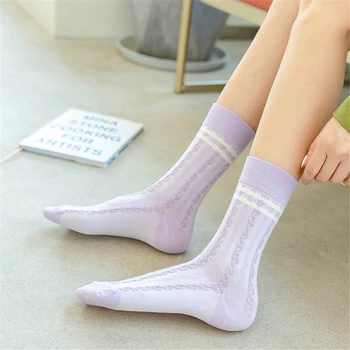 Новые Фиолетовые хлопчатобумажные носки Taro в стиле Mori Girl Tide Summer в Японскую Корейскую полоску в клетку Prairie Chic Носки-тюбики 2