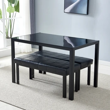 Обеденный стол простой сборки из закаленного стекла и железа черного цвета 2