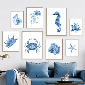 Синий краб, омар, морская звезда, плакаты о жизни в океане, Акварель, настенное искусство морских животных, печать на холсте, живопись, Современная комната, украшение дома 1