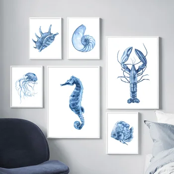 Синий краб, омар, морская звезда, плакаты о жизни в океане, Акварель, настенное искусство морских животных, печать на холсте, живопись, Современная комната, украшение дома 2