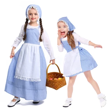 Хлопчатобумажный костюм Алисы горничной с голубой решеткой для девочек, платье для маленькой девочки в пасторальном стиле, платье для вечеринки, костюм для фотосессии 1